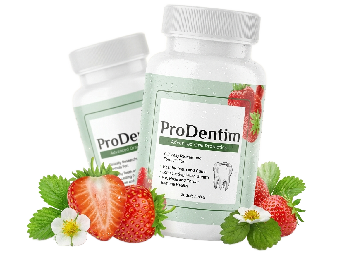 Close-up of ProDentim oral probiotic soft tablets featuring a refreshing natural strawberry flavor