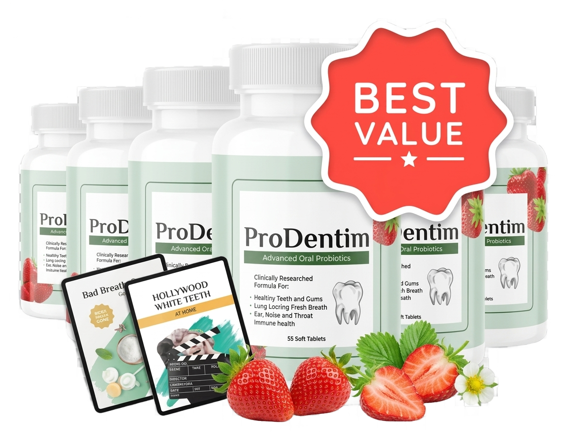 ProDentim Best Value bundle featuring six bottles of advanced oral probiotics, fresh strawberries, and two free digital bonus eBooks.