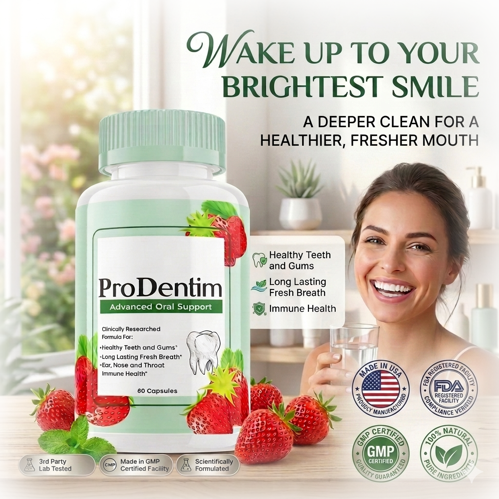ProDentim advanced oral support supplement bottle next to a smiling woman, promoting healthy teeth, gums, and long-lasting fresh breath.