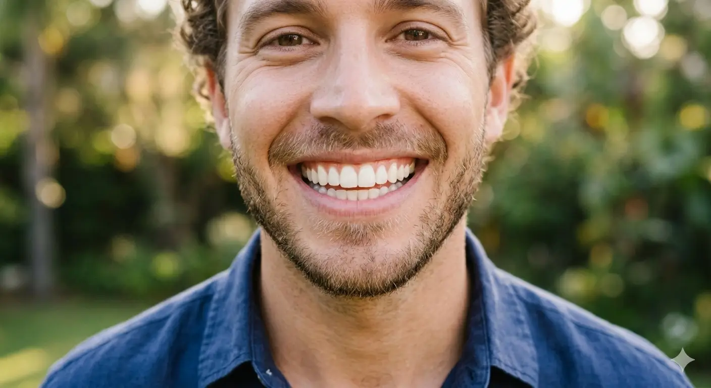 Close-up of a handsome man with a bright, confident smile showcasing perfectly white and healthy teeth, representing excellent oral hygiene.