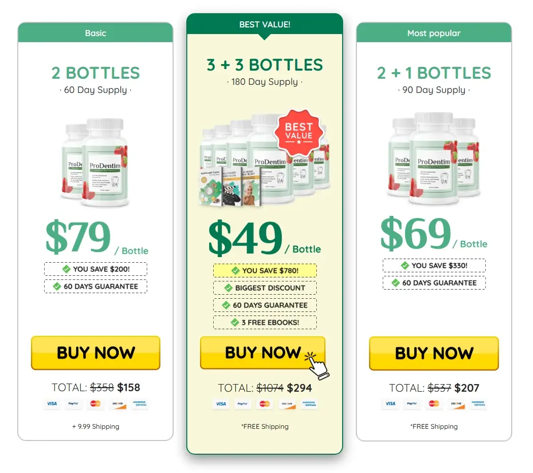 ProDentim pricing table showing the Basic, Most Popular, and Best Value package options with bottle discounts.