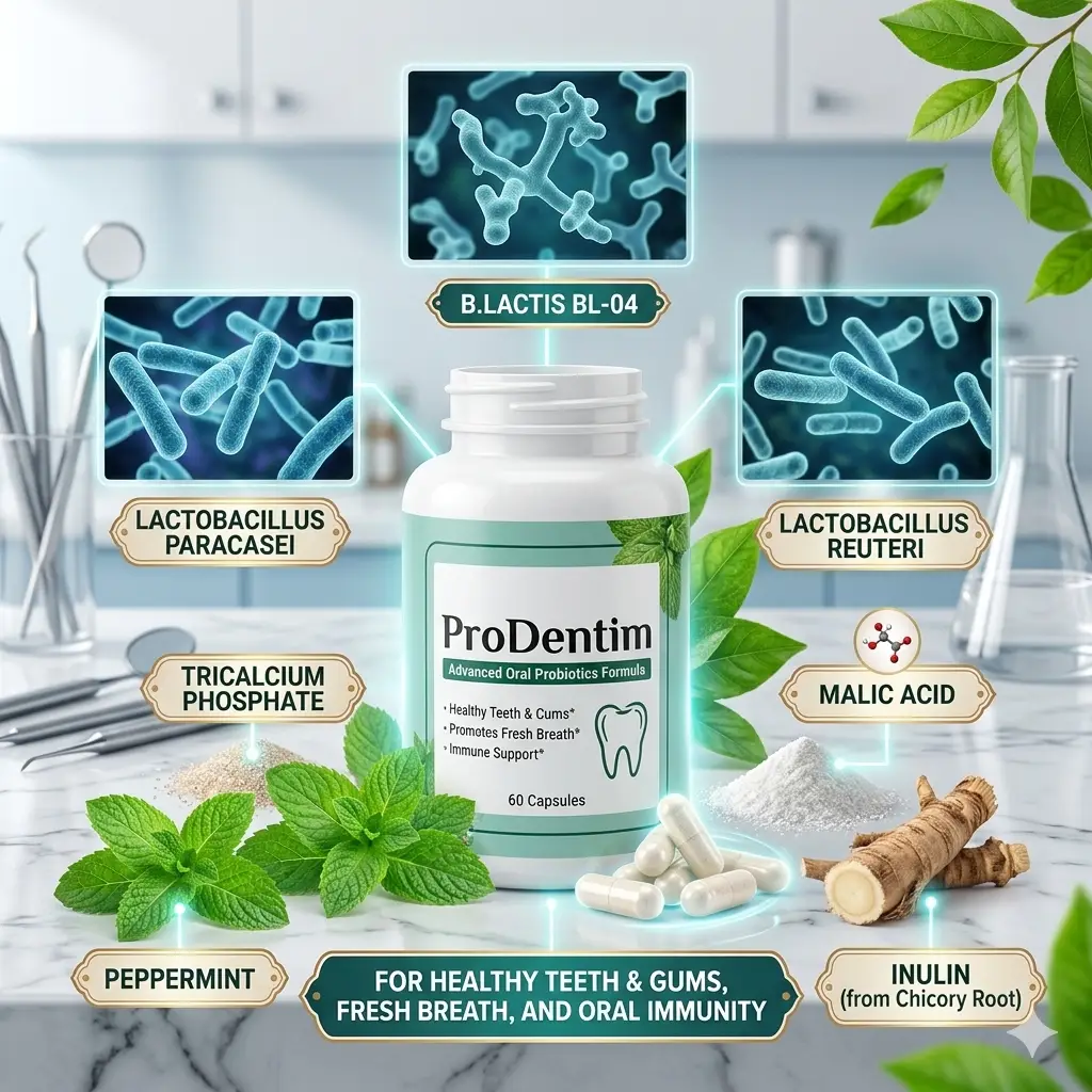 Visual guide showing the natural active ingredients and probiotic strains inside the ProDentim oral health supplement.