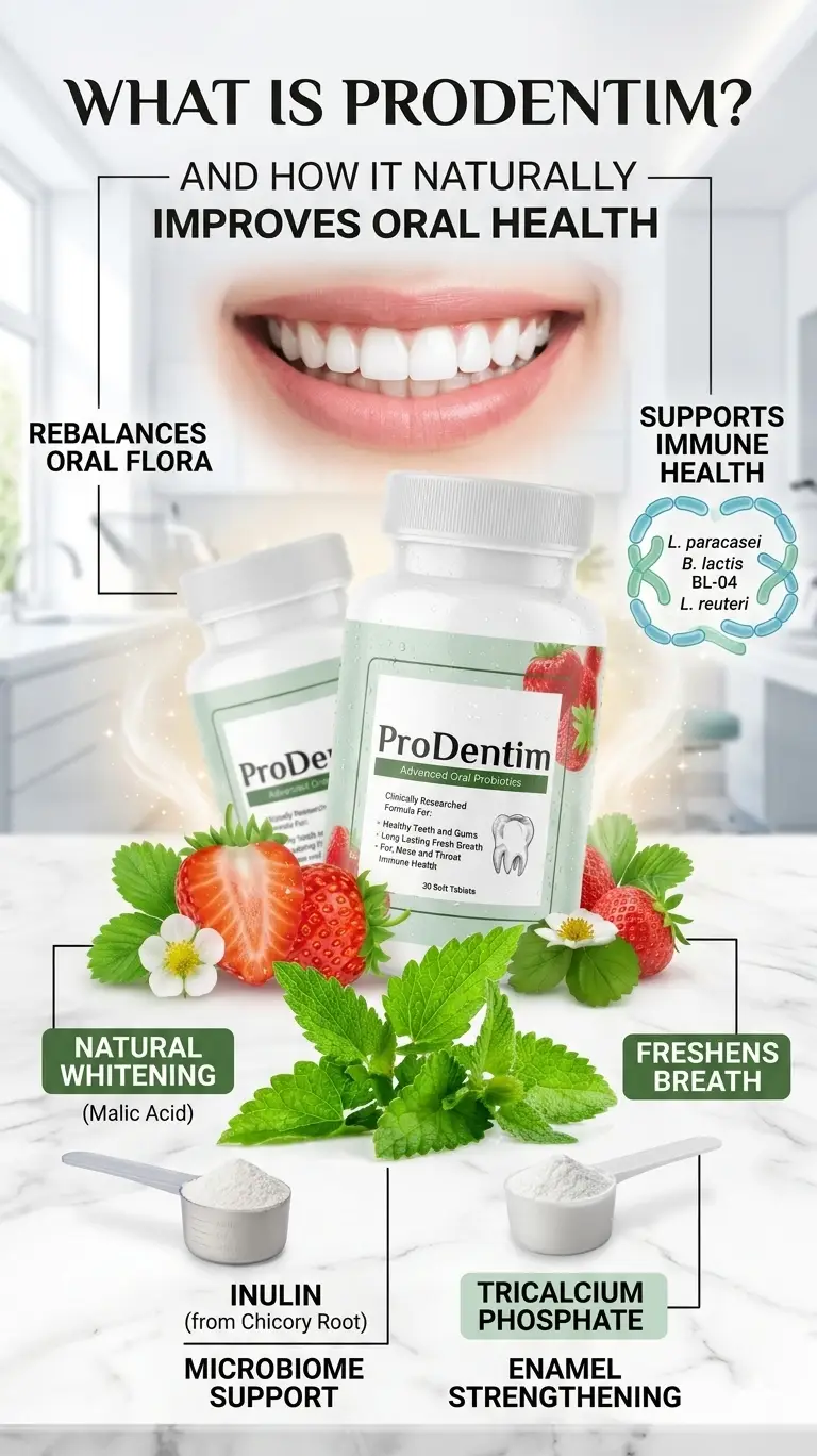 An informational graphic answering what ProDentim is and its natural mechanism for supporting healthy teeth and gums.